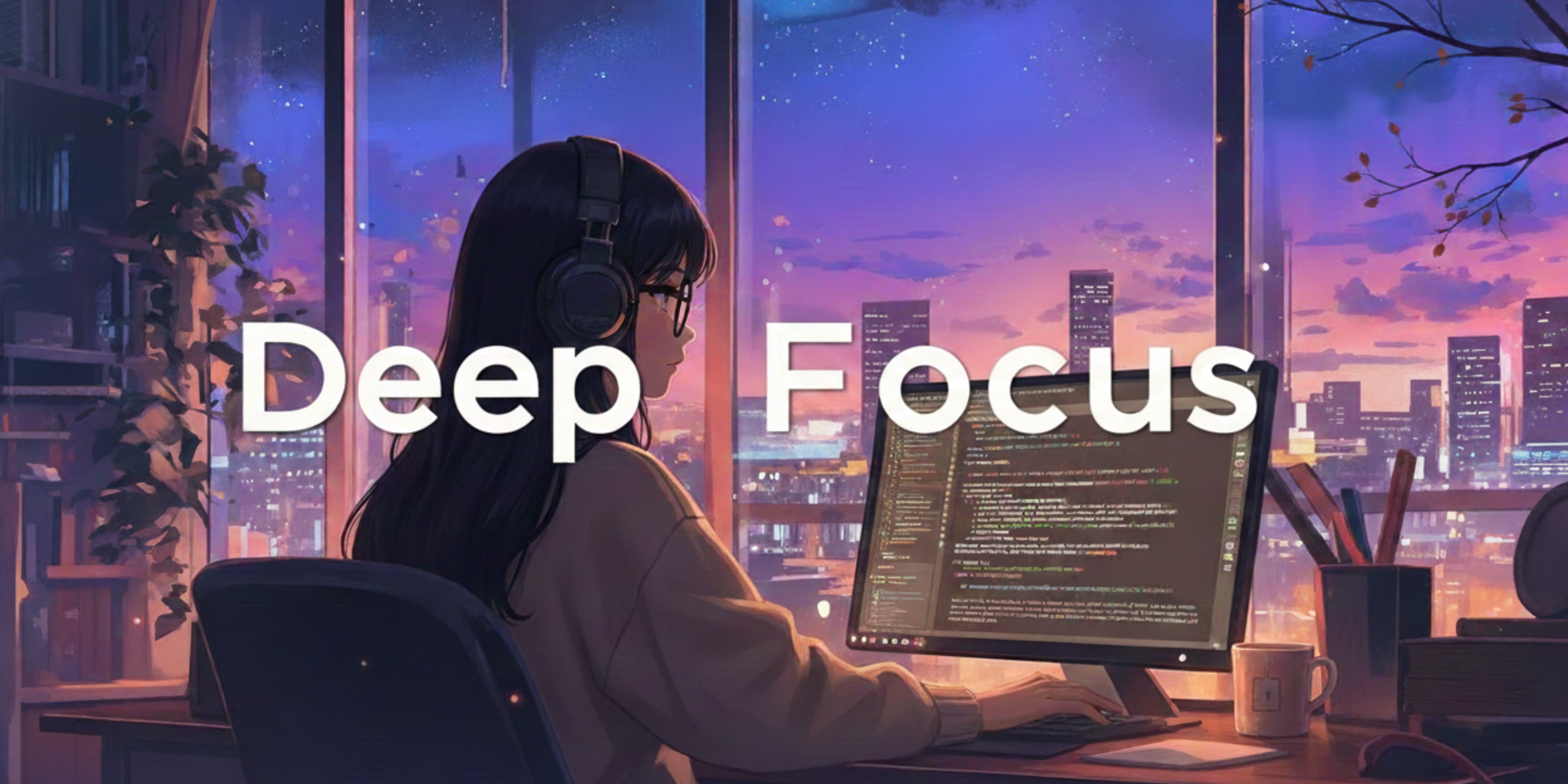 Schreibtisch mit Computer, der Konzentrations-Videos auf YouTube zeigt